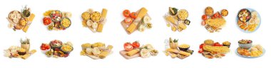 Beyaz arkaplanda ham makarna kolajı