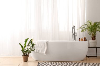 Banyonun içinde küvet ve aksesuarlar var.