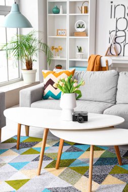 Lale çiçekli vazo ve oturma odasındaki kanepenin yanındaki sehpanın üzerinde fotoğraf makinesi.