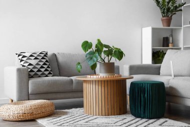 Gri kanepeleri ve ahşap sehpanın üzerinde çiçekleri olan şık bir oturma odası.