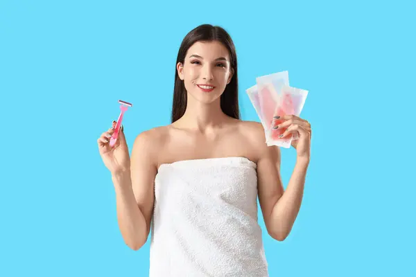 Young Woman Razor Wax Strips Blue Background — Stock Photo, Image