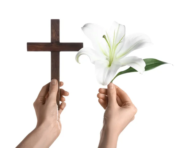 Female Hands Lily Flower Wooden Cross White Background — Stock Photo, Image