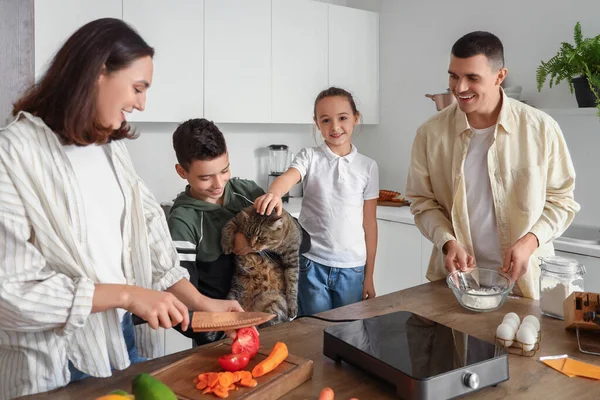 Happy family with cat cooking in kitchen