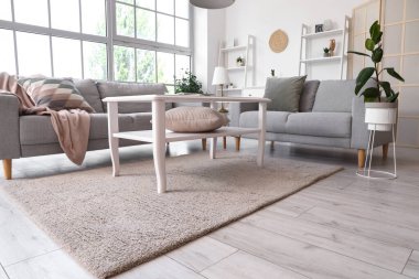 Büyük pencerenin yanında gri kanepeleri ve kahve masası olan aydınlık oturma odasının içinde.