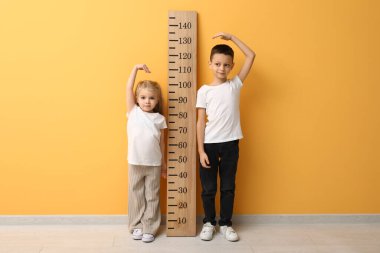 Sarı duvarın yanında boyunu ölçen sevimli küçük çocuklar.