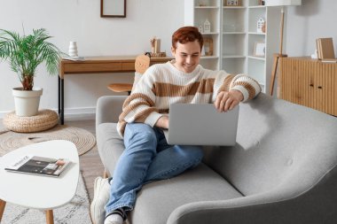 Young man using laptop on grey couch in living room