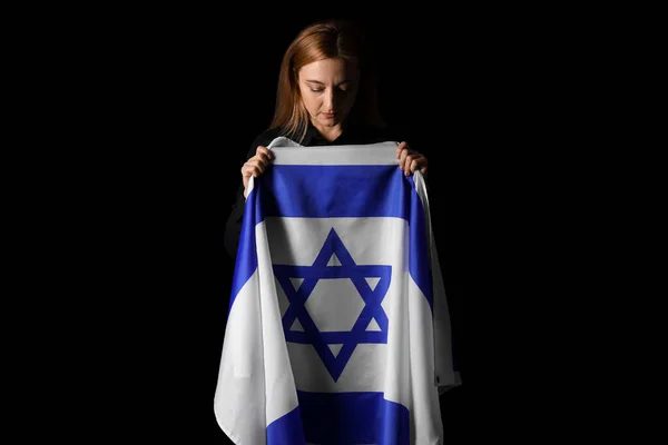 Mature Woman Flag Israel Praying Black Background International Holocaust Remembrance — Stock Photo, Image