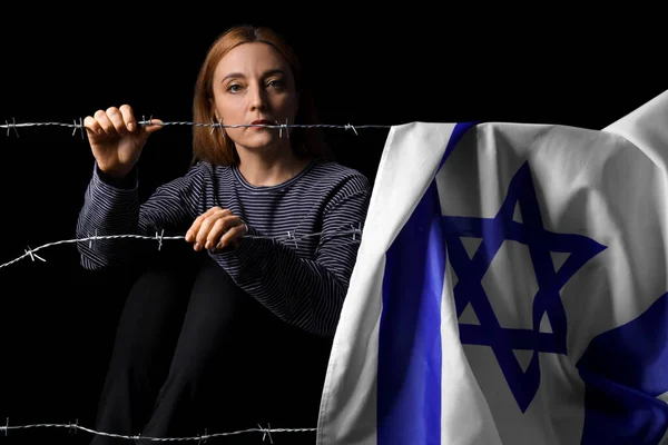 Mature Jewish Woman Flag Israel Barbed Wire Black Background International — Stock Photo, Image