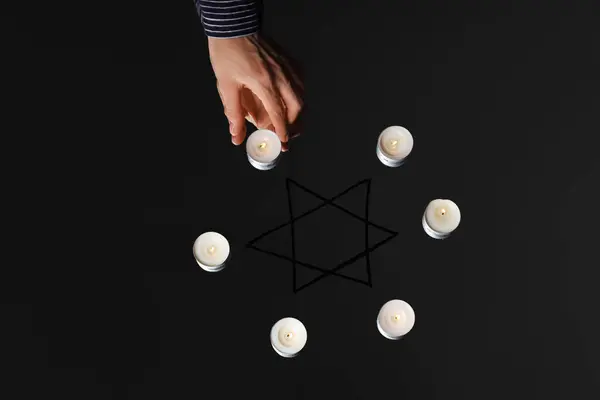 Jewish Woman Burning Candles Drawn David Star Glass Table Closeup — Stock Photo, Image