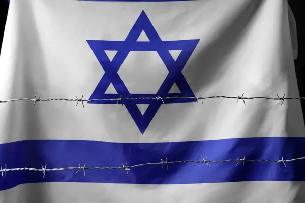 Flag Israel Barbed Wire Black Background Closeup International Holocaust Remembrance — Stock Photo, Image