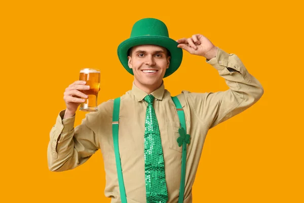Happy Young Man Leprechaun Hat Glass Beer Yellow Background Patrick Royalty Free Stock Images