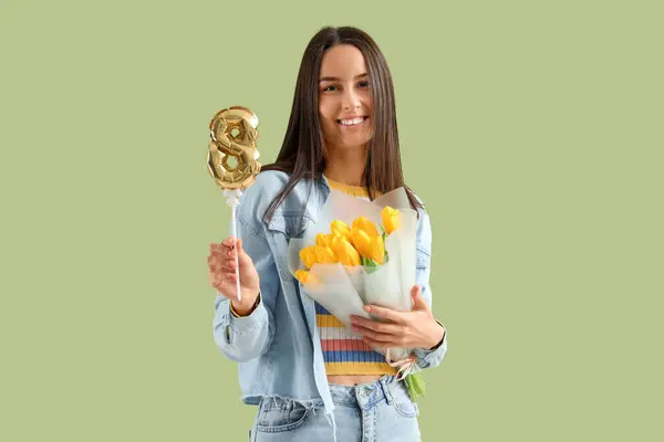 Young Woman Tulips Balloon Shape Figure Green Background International Women — Stock Photo, Image