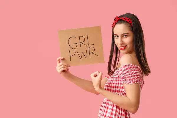 Portrait Strong Pin Woman Showing Muscles Holding Sign Text Grl — Stock Photo, Image