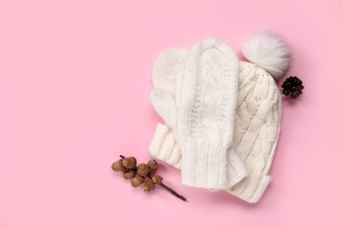 Bir çift örgü eldiven, kalın bir şapka ve pembe arka planda sonbahar dekoru.