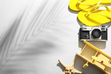 Renkli fotoğraf makinesi, parmak arası terlik ve arka planda oyuncak uçak kompozisyonu