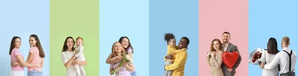 Group of hugging families on colorful background