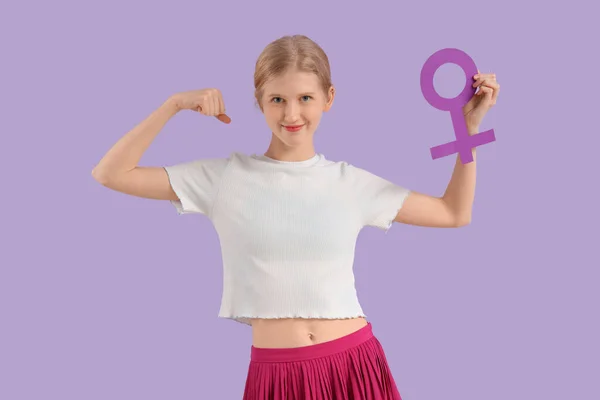 stock image Young woman with gender symbol on lilac background