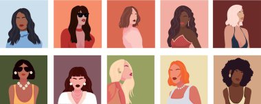 Renkli arka planda çizilmiş güzel kadınların kolajı