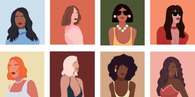 Renkli arka planda farklı güzel kadınların kolajı