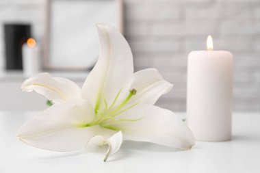 Yanan mum ve güzel zambak çiçeği odadaki ışık masasında, yakın plan