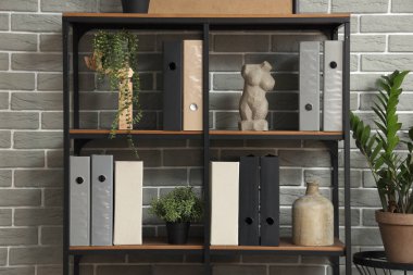 Ofiste doküman dizinleri ve bitkileri olan raf ünitesi