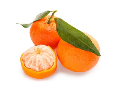Fresh tangerines with green leaves on white background