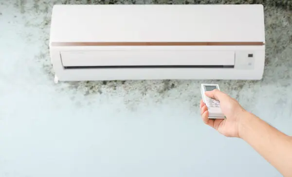 Man with remote control near air conditioner mounted on wall with black mold