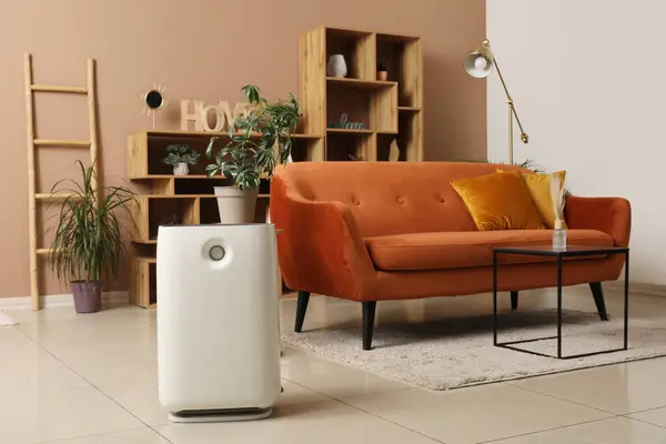 Interior of modern living room with air purifier and brown sofa