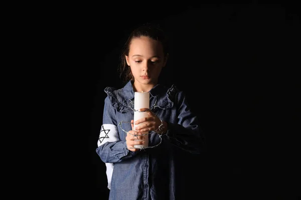 Little Jewish Girl Burning Candle Barbed Wire Black Background International — Stock Photo, Image