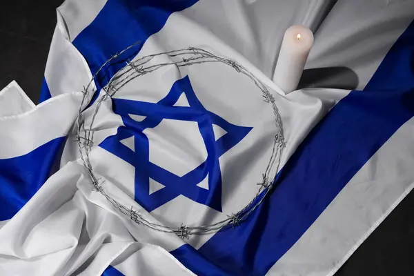 Flag Israel Barbed Wire Burning Candle Black Background International Holocaust — Stock Photo, Image