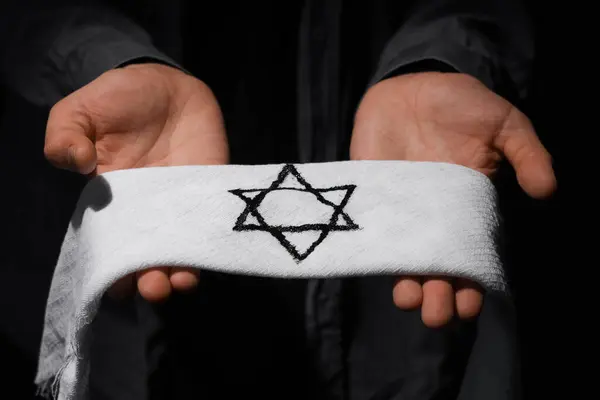 Young Jewish Man Armband Black Background Closeup International Holocaust Remembrance — Stock Photo, Image