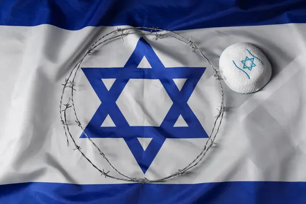 Jewish Hat Barbed Wire Flag Israel Top View International Holocaust — Stock Photo, Image