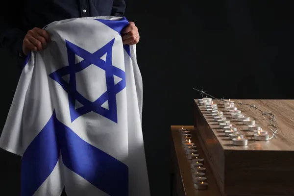 Young Jewish Man Flag Israel Burning Candles Black Background International — Stock Photo, Image