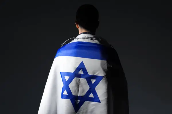 Young Jewish Man Barbed Wire Flag Israel Black Background Back — Stock Photo, Image