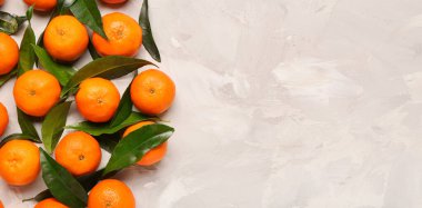 Açık arkaplanda olgun mandalinalar metin ve üst görünüm için yer var.