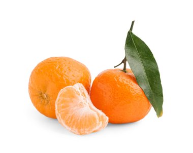 Sweet tangerines with leaf on white background