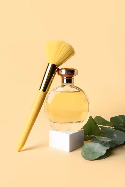 Bottle of perfume, makeup brush and eucalyptus branch on color background