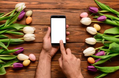 Modern cep telefonlu erkek eller, güzel lale çiçekleri ve tahta arka planda Paskalya yumurtaları.