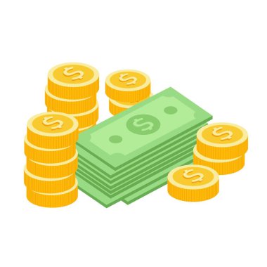 Beyaz arka planda dolar banknotları ve paralar