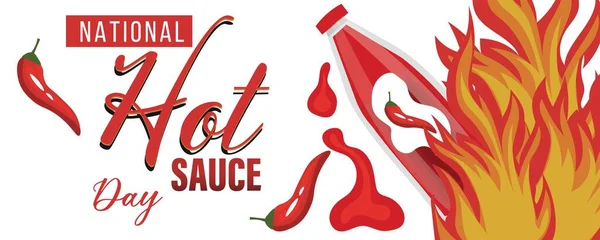 Banner Hot Sauce Day Bottle Chili Sauce Fire Flames — Stock Vector