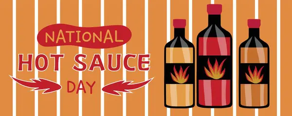 Banner Hot Sauce Day Bottles Chili Sauce — Stock Vector