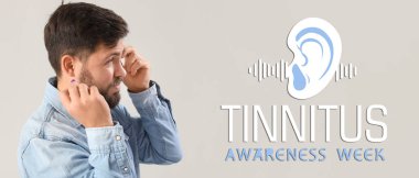 Banner for Tinnitus Awareness Week with young man having hearing disorder clipart