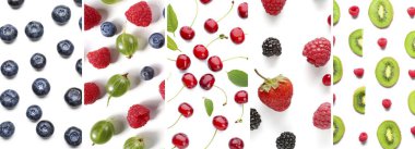 Farklı olgun böğürtlen ve meyvelerden oluşan kolaj beyaz, üst görünümde izole