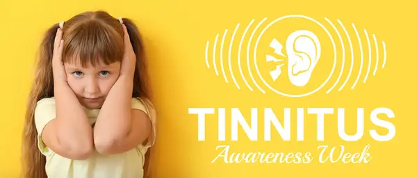 stock image Banner for Tinnitus Awareness Week with little girl having hearing disorder