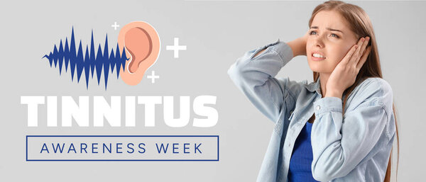 Баннер для Недели Звон в ушах осведомленности с молодой женщиной, страдающей нарушением слуха