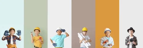 Collage of little boys in uniforms of different professions on color background
