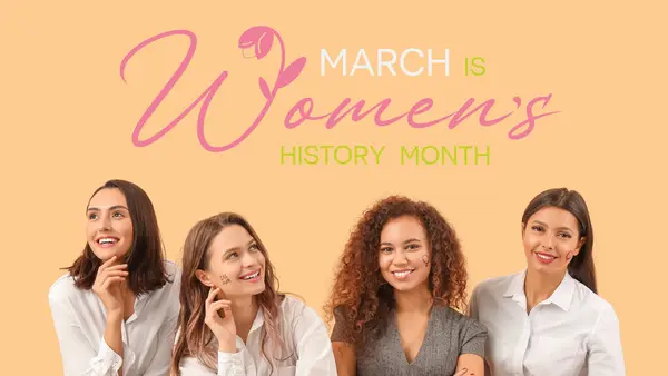 Banner for Women\'s History Month with different young girls on beige background