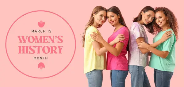 Banner for Women\'s History Month with different young girls on pink background