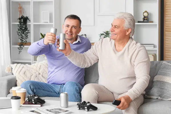 Mature brothers drinking beer at home