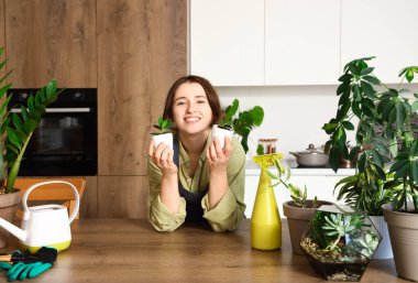 Mutfakta yeşil bitkileri olan kadın bahçıvan.